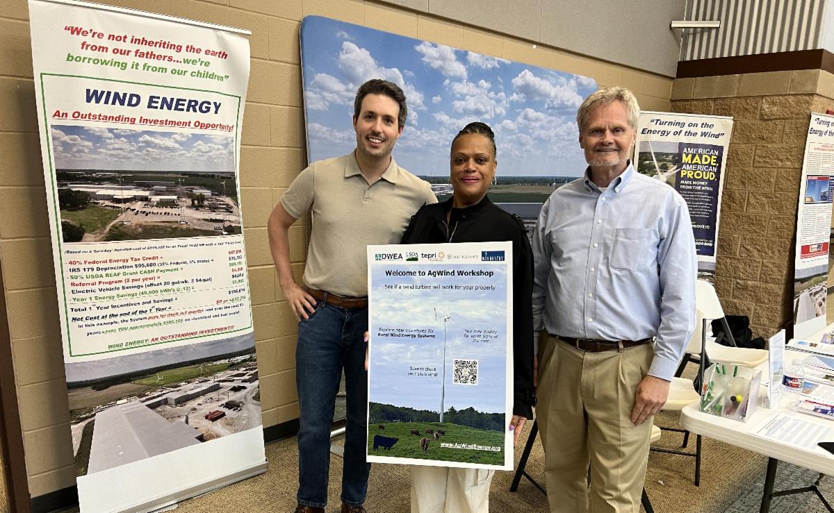 In attendance at the June 18 Workshop in Sinton, Texas, (left to right) were Andrew Robison of the Texas Energy Poverty Research Institute, Teena Bell of eFormative Options, and Mike Bergey of Bergey Windpower. Photo Credit: DWEA