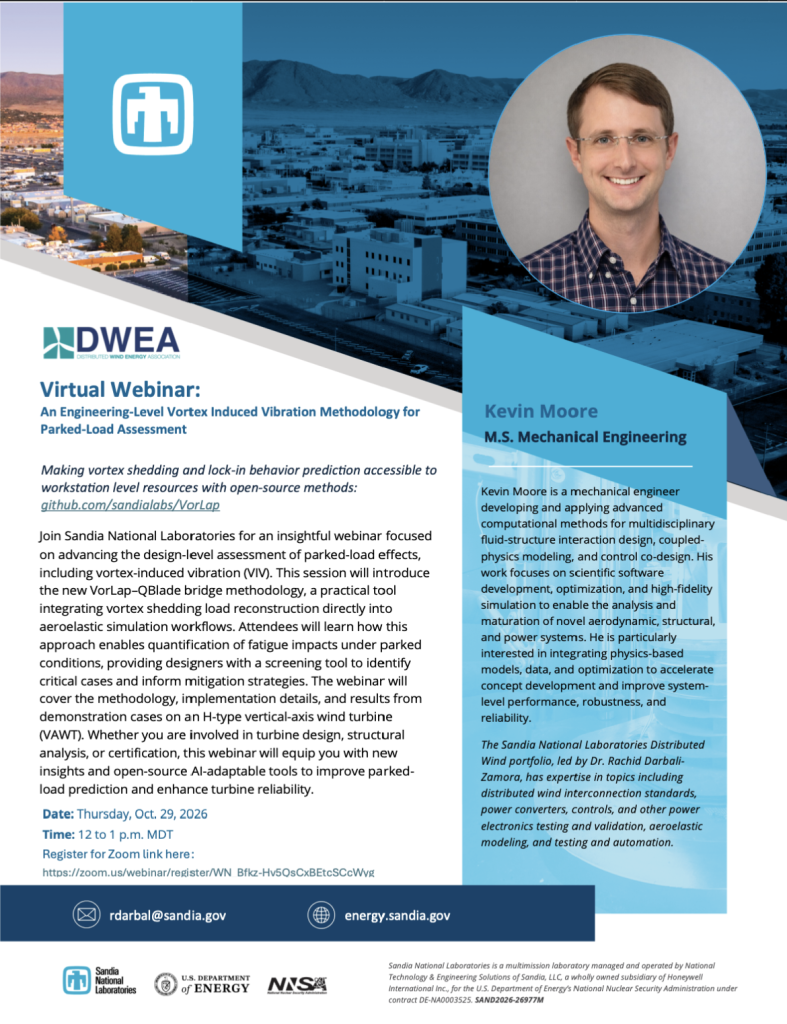 Join Sandia National Laboratories for an insightful webinar focused on advancing the design-level assessment of parked-load effects, including vortex-induced vibration (VIV).